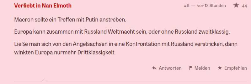 Читатели немецкой прессы: Макрону следует добиваться встречи с Путиным, Европа может быть крупной мировой державой вместе Россией
